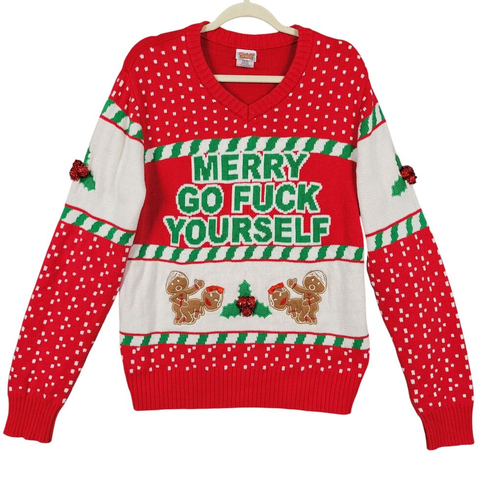 SPENCERS Merry Go F Yourself Gingerbread Ugly Christmas Sweater SIZE LARGE